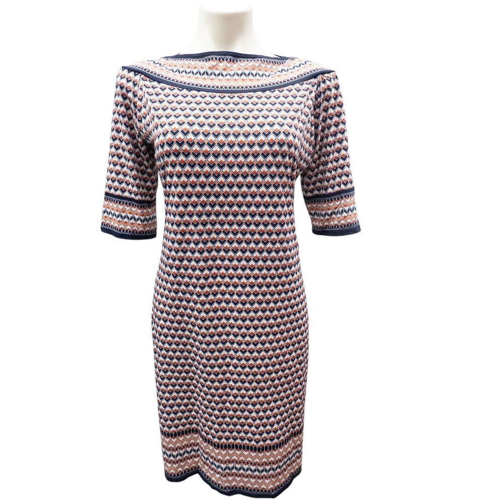 Max Studio Boatneck Shift Dress Geometric Print Elbow Sleeves Women's Large